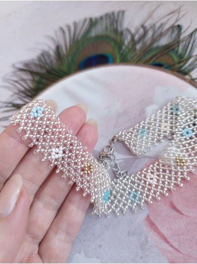 silver choker necklace, traditional Ukrainian beaded sylyanka.
