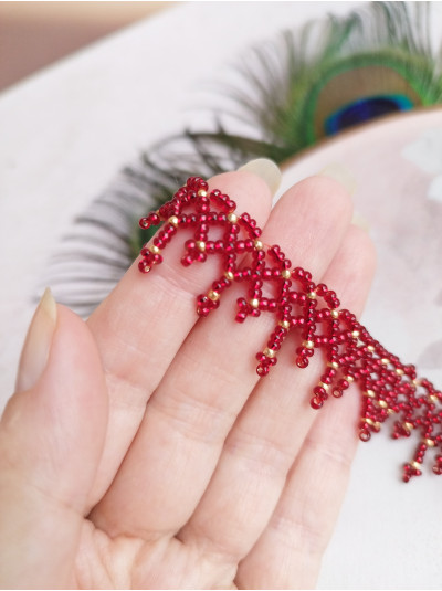 red choker necklace, traditional Ukrainian beaded sylyanka.
