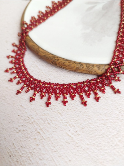 red choker necklace, traditional Ukrainian beaded sylyanka.
