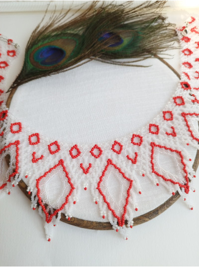 white red  openwork beaded necklace, traditional Ukraine jewelry , ethnic  handmade sylanka