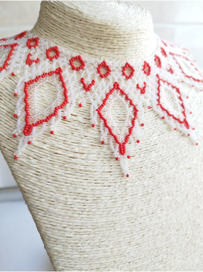 white red  openwork beaded necklace, traditional Ukraine jewelry , ethnic  handmade sylanka