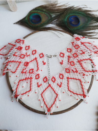 white red  openwork beaded necklace, traditional Ukraine jewelry , ethnic  handmade sylanka