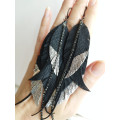 black silver genuine leather feather earrings foil decor on long leafs 
