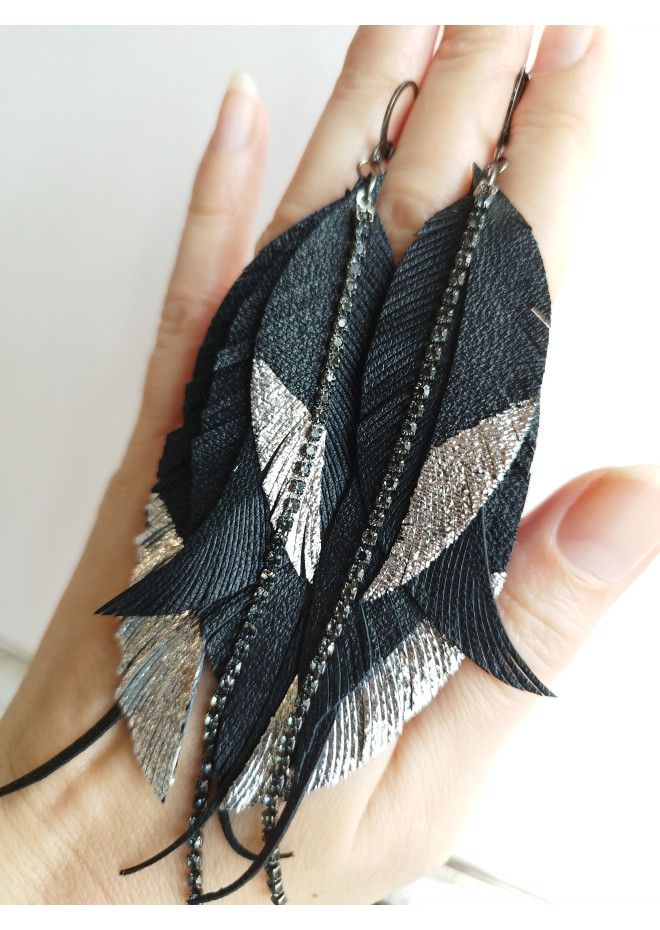 black silver genuine leather feather earrings foil decor on long leafs 