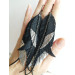 black silver genuine leather feather earrings foil decor on long leafs 