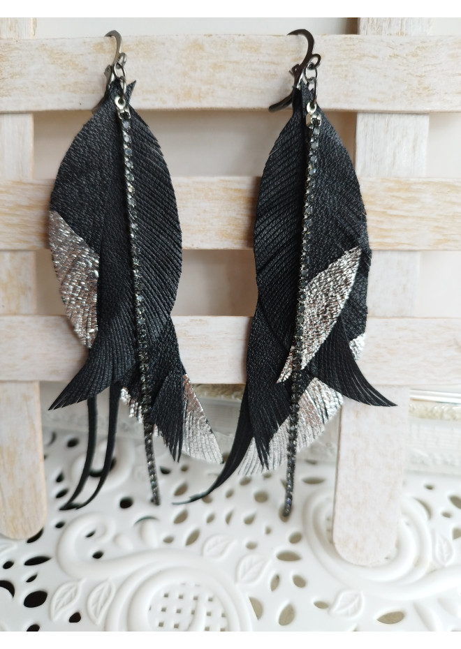 black silver genuine leather feather earrings foil decor on long leafs 