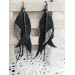 black silver genuine leather feather earrings foil decor on long leafs 