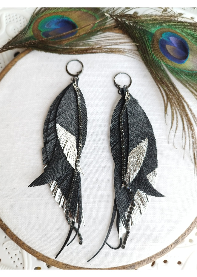 black silver genuine leather feather earrings foil decor on long leafs 