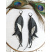 black silver genuine leather feather earrings foil decor on long leafs 