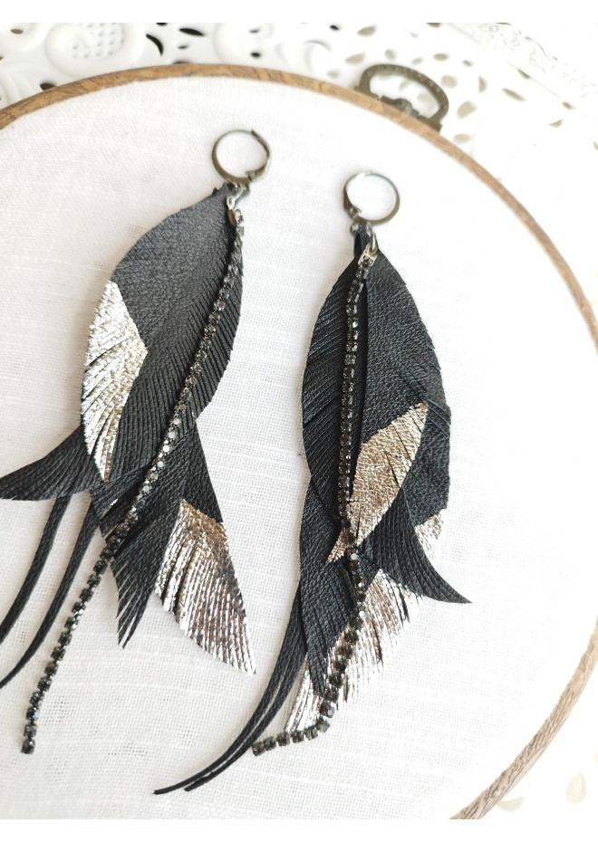 black silver genuine leather feather earrings foil decor on long leafs 