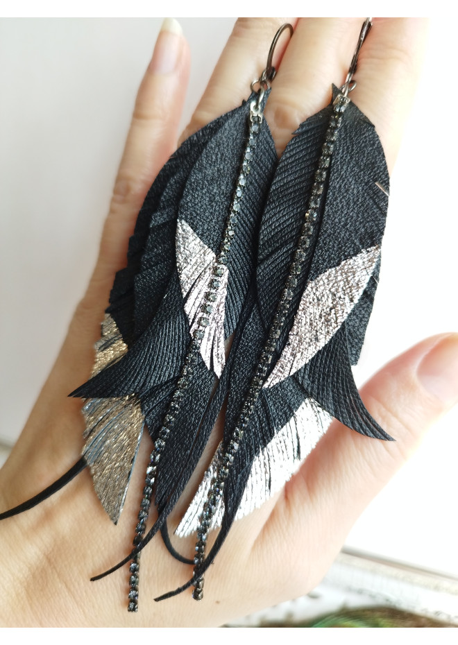 black silver genuine leather feather earrings foil decor on long leafs 