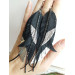black silver genuine leather feather earrings foil decor on long leafs 