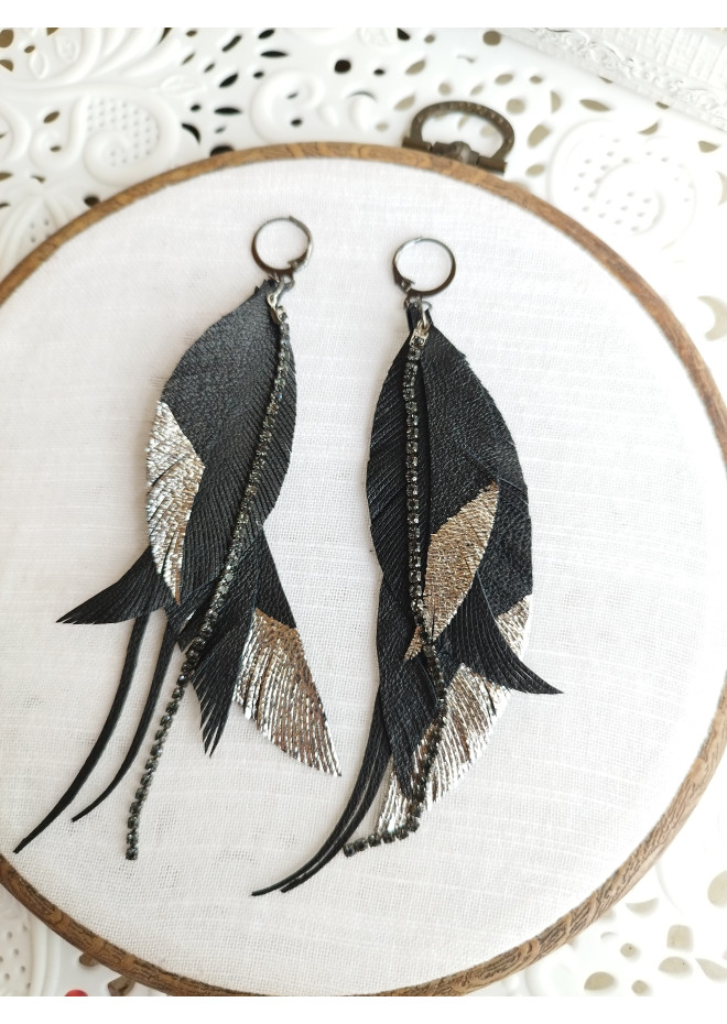 black silver genuine leather feather earrings foil decor on long leafs 