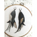 black silver genuine leather feather earrings foil decor on long leafs 