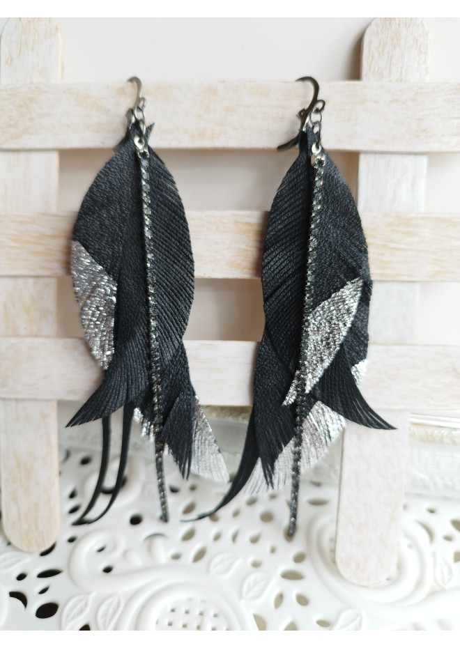 black silver genuine leather feather earrings foil decor on long leafs 