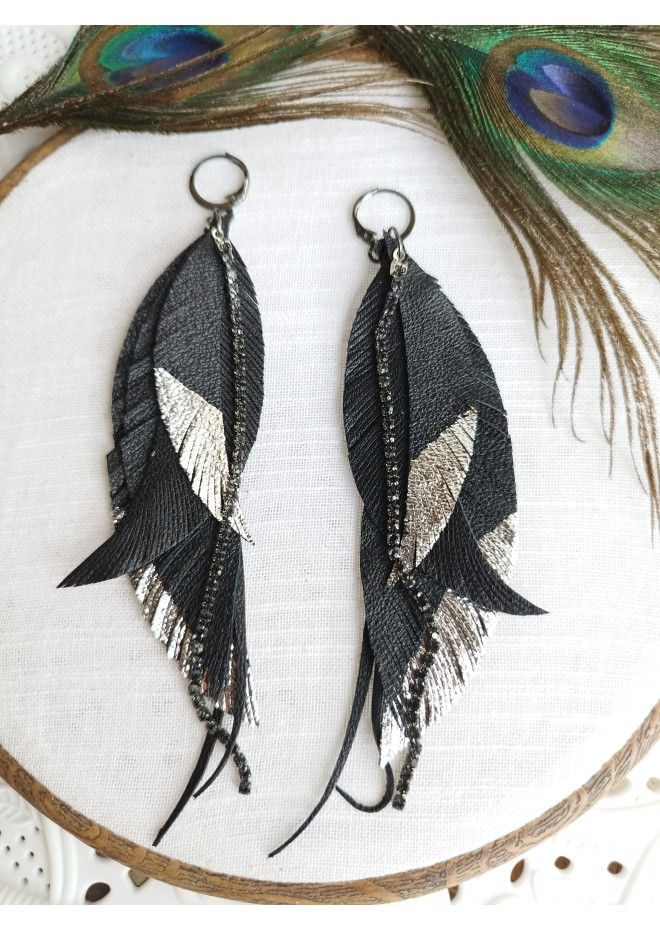 black silver genuine leather feather earrings foil decor on long leafs 