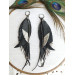 black silver genuine leather feather earrings foil decor on long leafs 