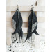 black silver genuine leather feather earrings foil decor on long leafs 