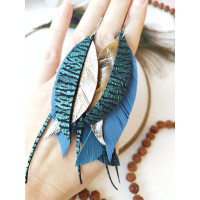Emerald  blue handmade leather feather earrings.