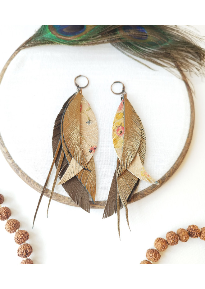 beige brown long genuine leather feather earrings large dark gold bohemian jewelry 