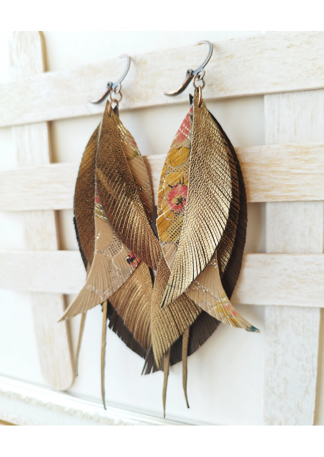 beige brown long genuine leather feather earrings large dark gold bohemian jewelry 