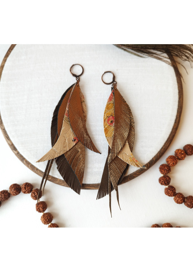 beige brown long genuine leather feather earrings large dark gold bohemian jewelry 