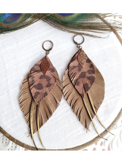 Brown gold long feathers earrings genuine leather jewelry 