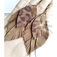Brown gold long feathers earrings genuine leather jewelry 