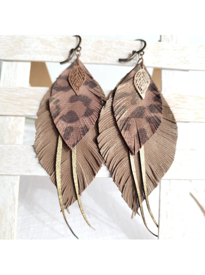 Brown gold long feathers earrings genuine leather jewelry 