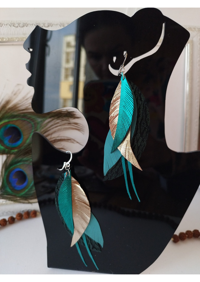 Green emerald gold long genuine leather feather earrings large turquoise bohemian jewelry 