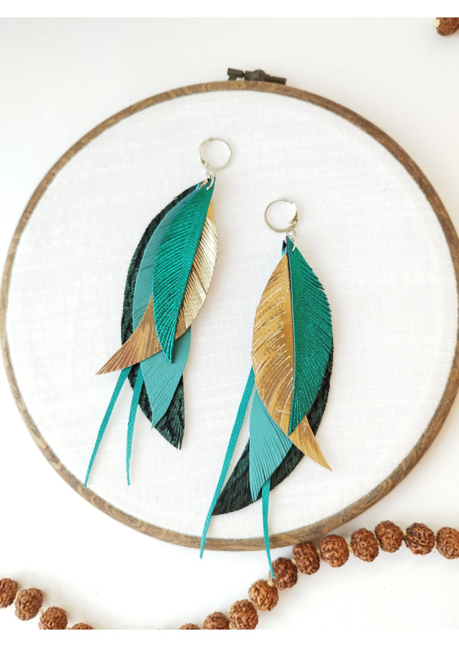 Green emerald gold long genuine leather feather earrings large turquoise bohemian jewelry 