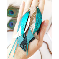 Emerald  gold long leather feather earrings. 