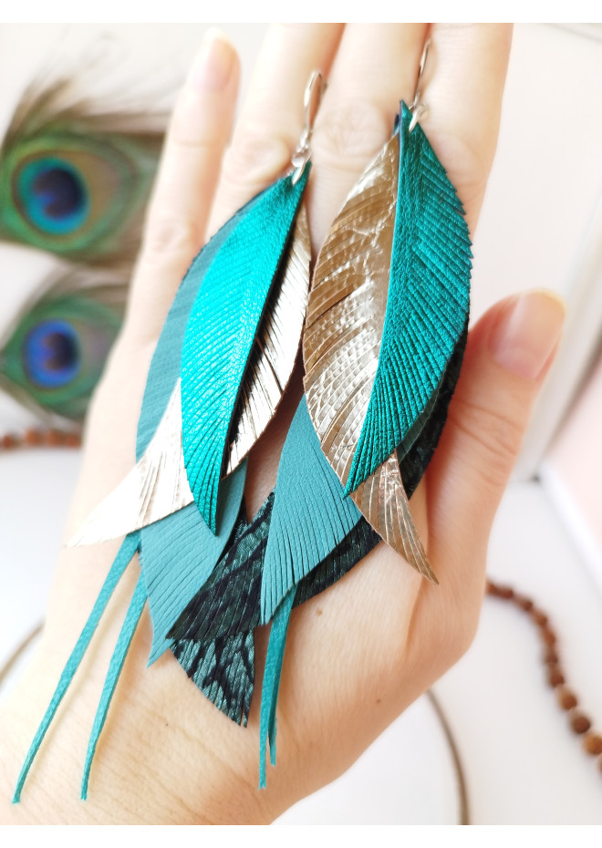 Green emerald gold long genuine leather feather earrings large turquoise bohemian jewelry 