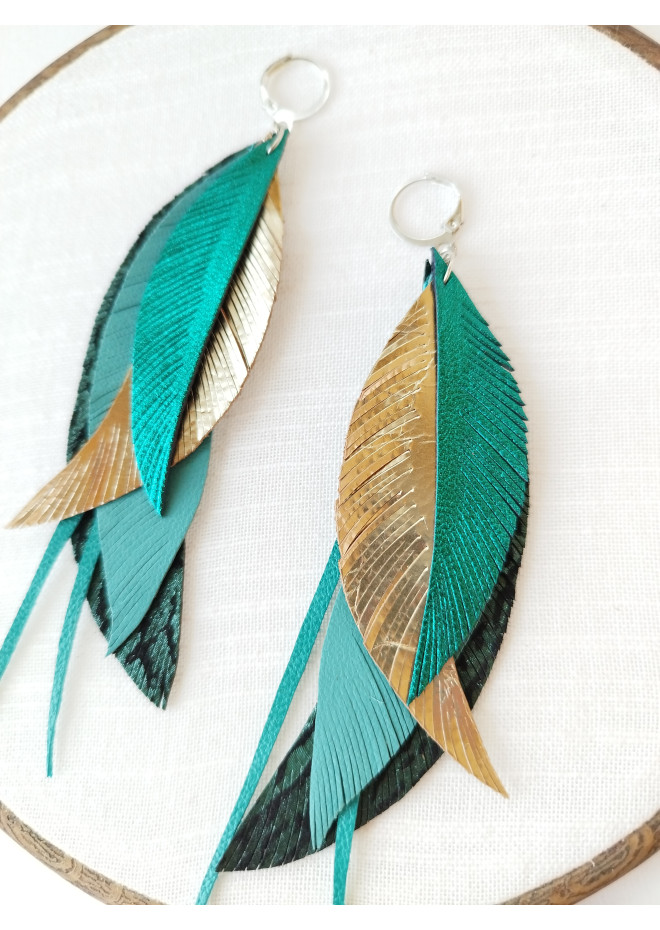 Green emerald gold long genuine leather feather earrings large turquoise bohemian jewelry 