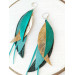 Green emerald gold long genuine leather feather earrings large turquoise bohemian jewelry 