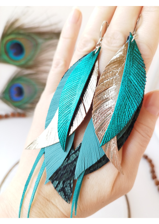 Green emerald gold long genuine leather feather earrings large turquoise bohemian jewelry 