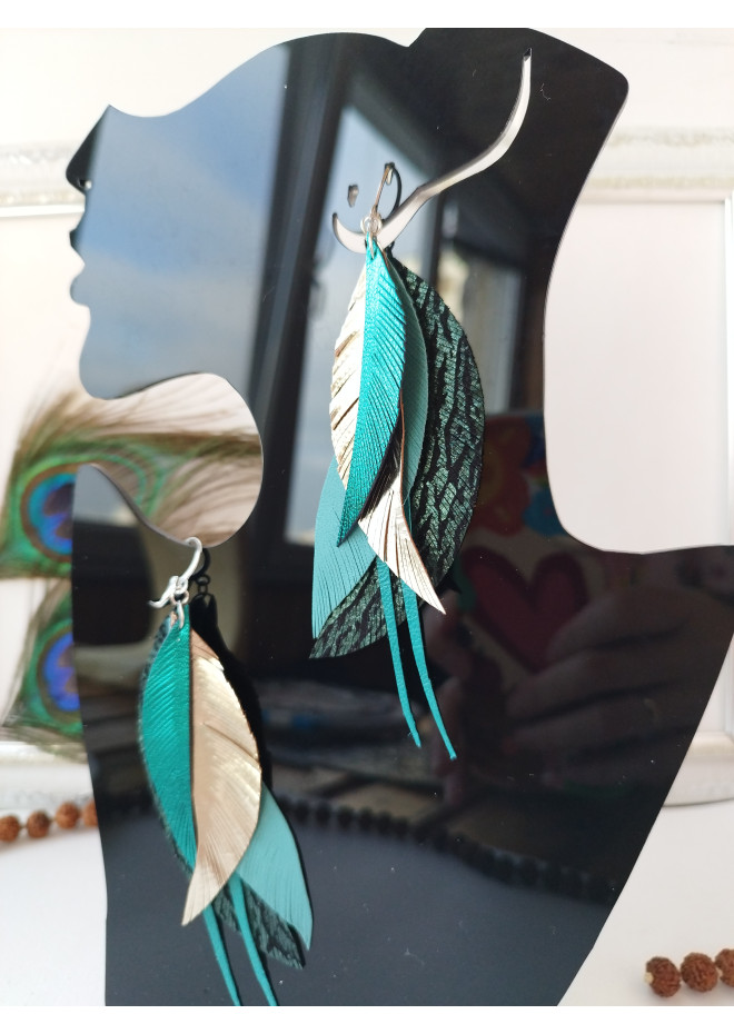 Green emerald gold long genuine leather feather earrings large turquoise bohemian jewelry 