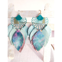 Mint green long leather feather earrings.