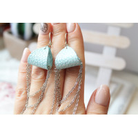 Mint  silver drop chain leather earrings genuine leather jewelry 