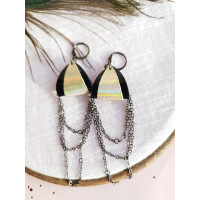 Black gold drop chain leather earrings genuine leather jewelry 