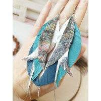 Teal emerald  leather feather earrings, long boho jewelry 