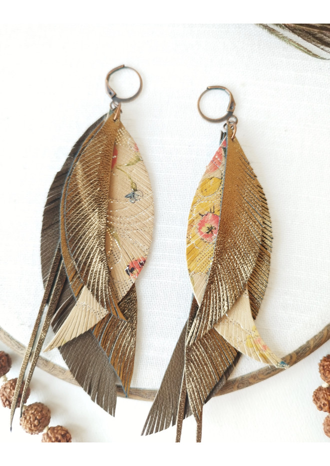 beige brown long genuine leather feather earrings large dark gold bohemian jewelry 