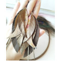 beige brown long genuine leather feather earrings large dark gold bohemian jewelry 