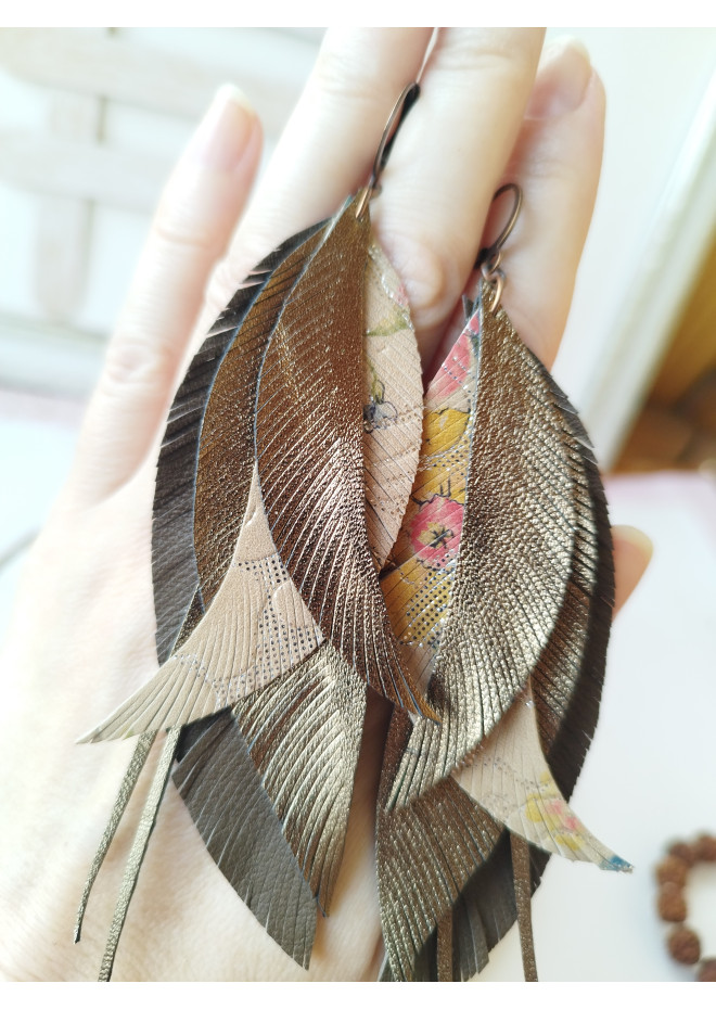 beige brown long genuine leather feather earrings large dark gold bohemian jewelry 