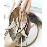 Brown dark gold long leather feather earrings large  bohemian jewelry
