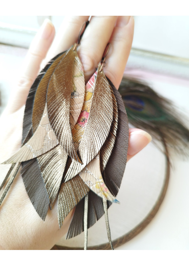 beige brown long genuine leather feather earrings large dark gold bohemian jewelry 