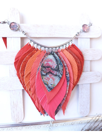 Leather feather necklace, red orange  evening jewelry. 