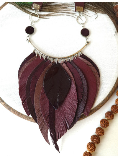 Burgundy leather feather necklace