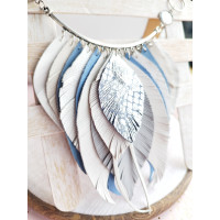 Leather feather necklace white blue evening jewelry. 