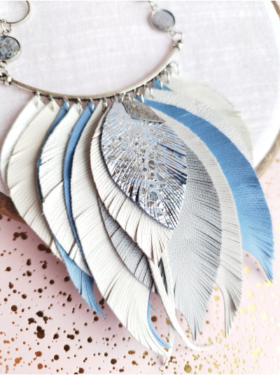 Leather feather necklace white blue evening jewelry. 